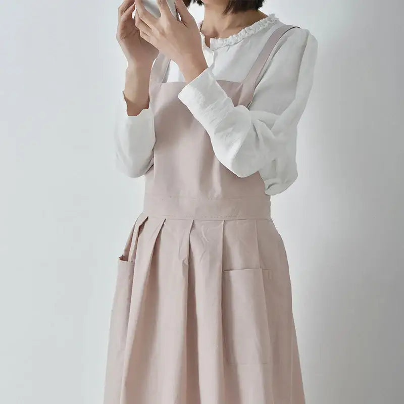 Korean Simple Side Lace-up Apron Pocket Sweet Cotton Linen Cross Back Apron Japanese Coffee Shop Baking Restaurant