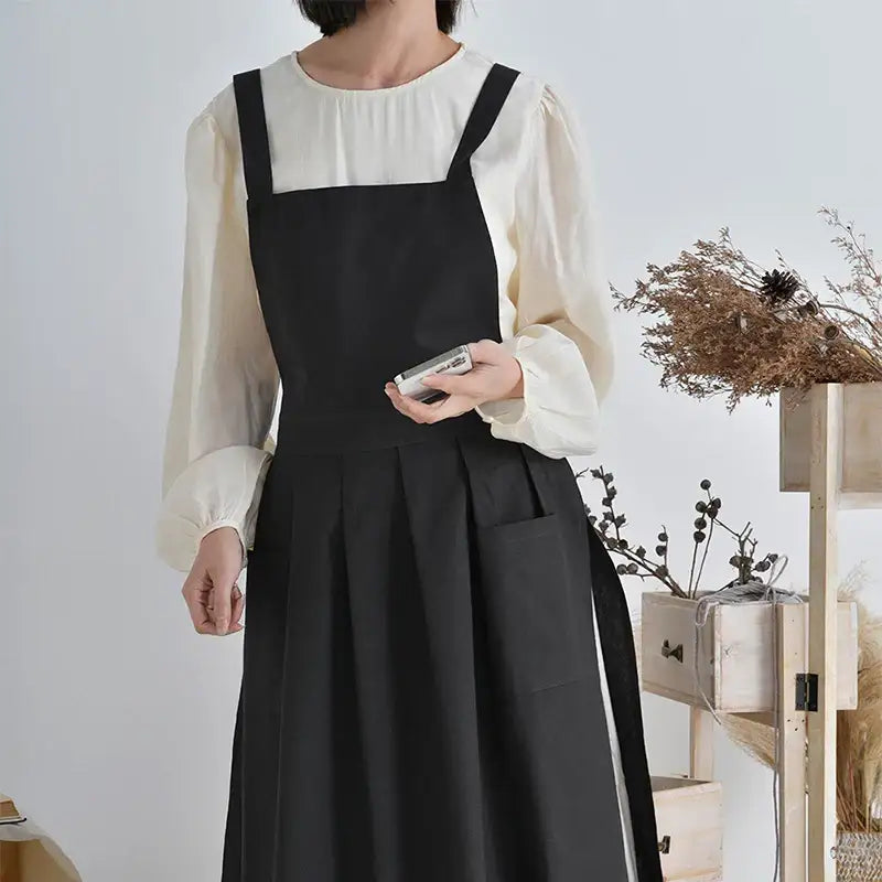 Korean Simple Side Lace-up Apron Pocket Sweet Cotton Linen Cross Back Apron Japanese Coffee Shop Baking Restaurant