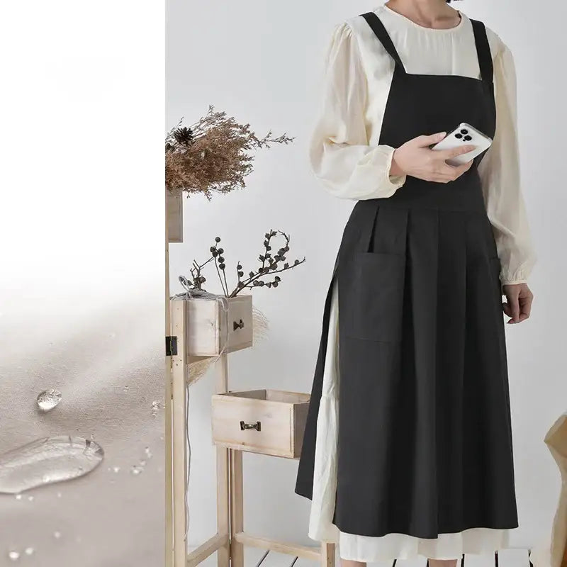 Korean Simple Side Lace-up Apron Pocket Sweet Cotton Linen Cross Back Apron Japanese Coffee Shop Baking Restaurant
