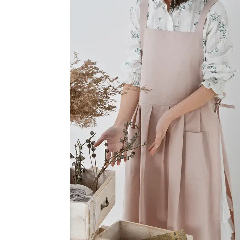 Korean Simple Side Lace-up Apron Pocket Sweet Cotton Linen Cross Back Apron Japanese Coffee Shop Baking Restaurant