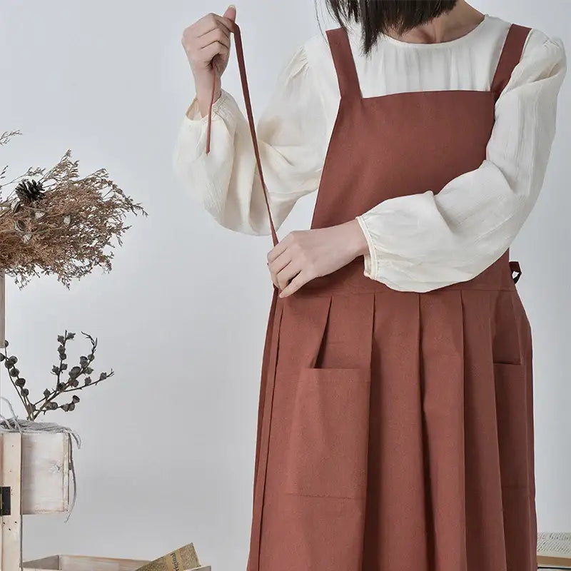 Korean Simple Side Lace-up Apron Pocket Sweet Cotton Linen Cross Back Apron Japanese Coffee Shop Baking Restaurant