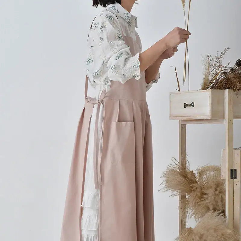 Korean Simple Side Lace-up Apron Pocket Sweet Cotton Linen Cross Back Apron Japanese Coffee Shop Baking Restaurant