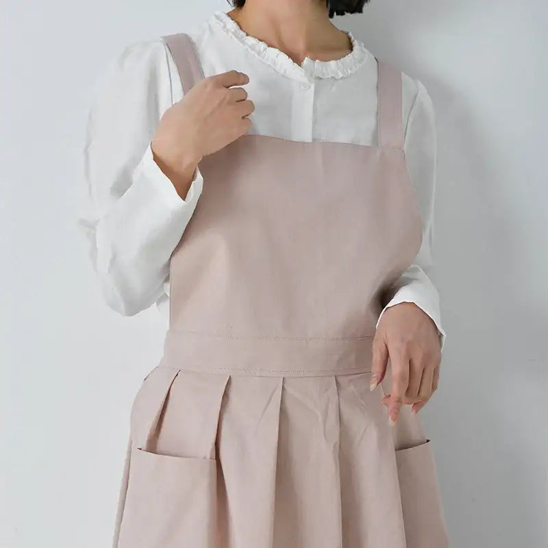 Korean Simple Side Lace-up Apron Pocket Sweet Cotton Linen Cross Back Apron Japanese Coffee Shop Baking Restaurant