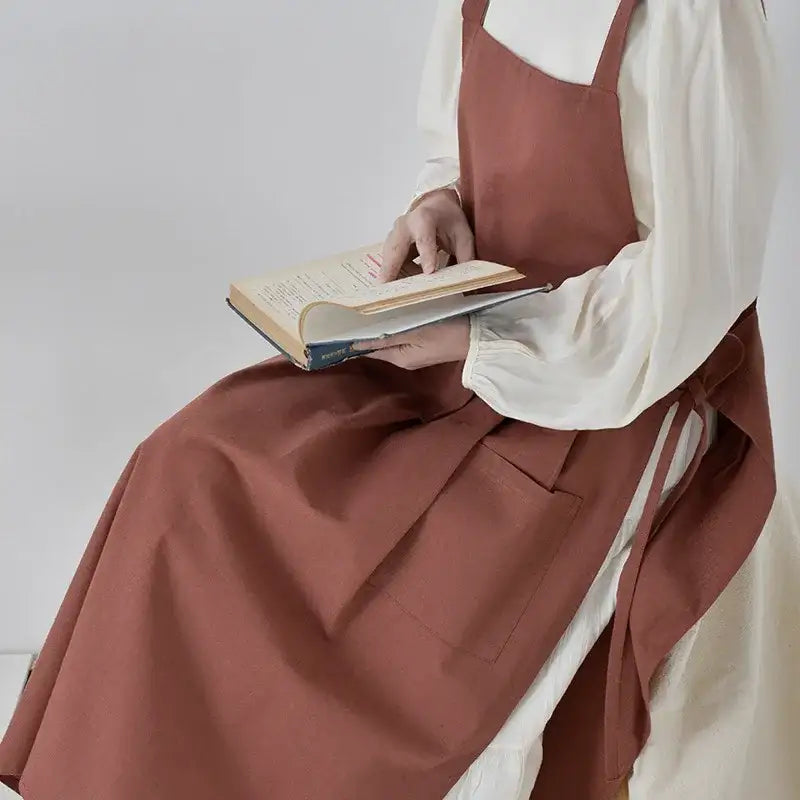 Korean Simple Side Lace-up Apron Pocket Sweet Cotton Linen Cross Back Apron Japanese Coffee Shop Baking Restaurant