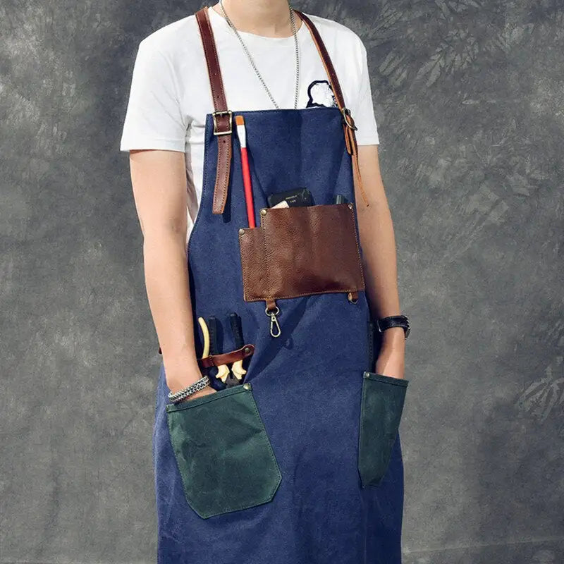 Tablier Denim & Cuir bleu