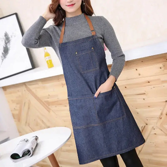 Adjustable Neckband Waistline Denim Apron Convenient Front Pocket Foldable Soft Wear-resistant Overalls For Home