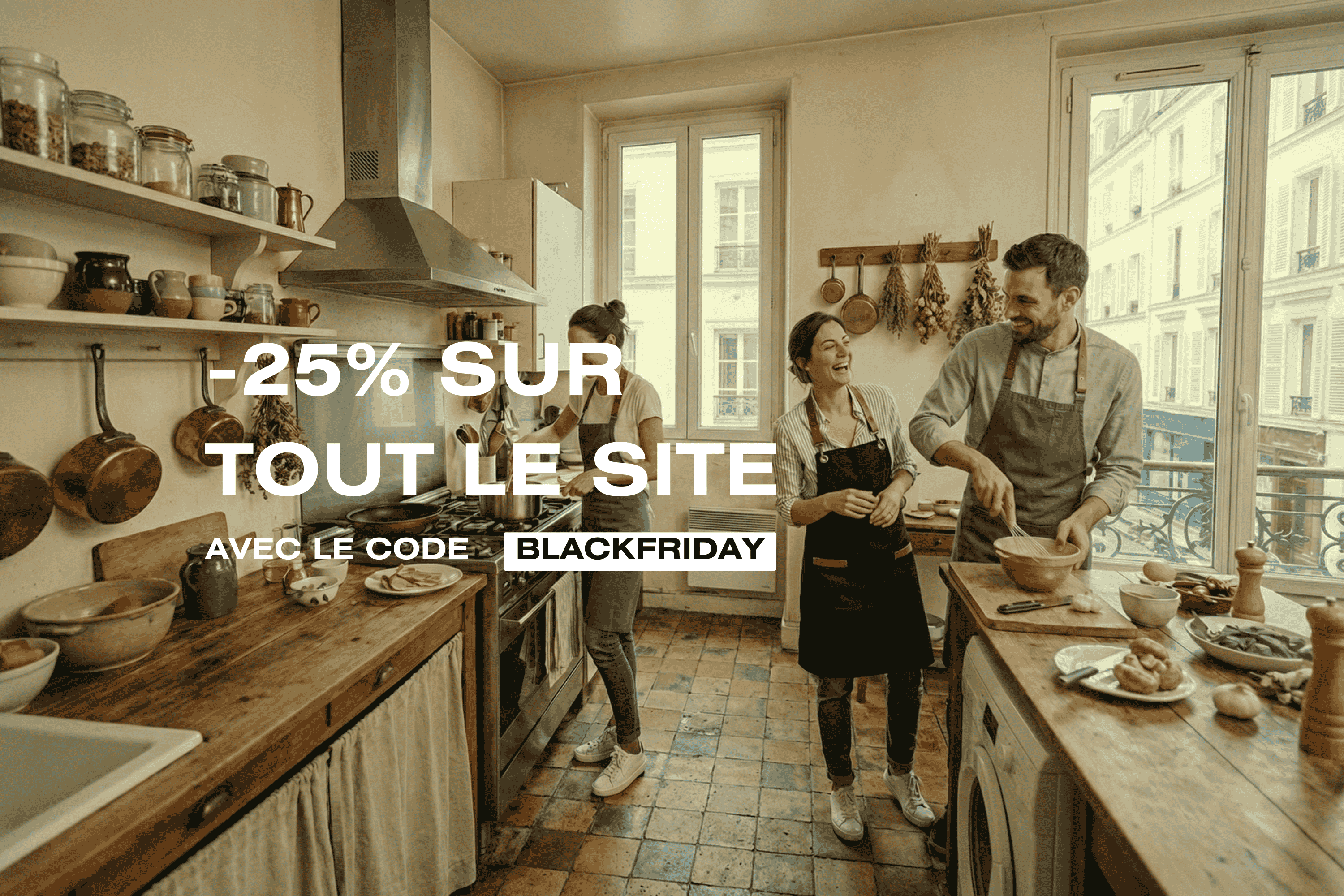 le tablier du chef bannière pour le black friday. Promotions sur des centaines de tabliers