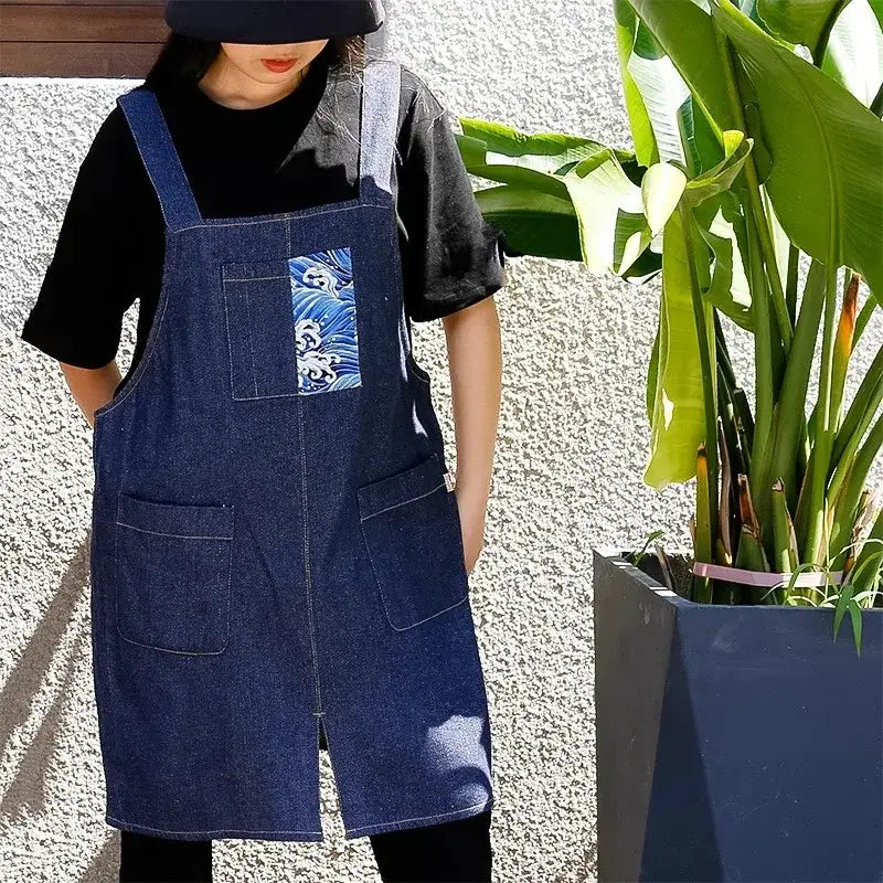 Tablier Japonais en Denim Fendu avec Imprimé