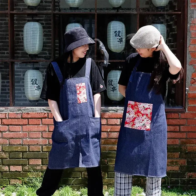 Japanese Cotton Denim Kitchen Apron Wear-resistant Men Women Barista Aprons With Pockets For Barbershop Painting