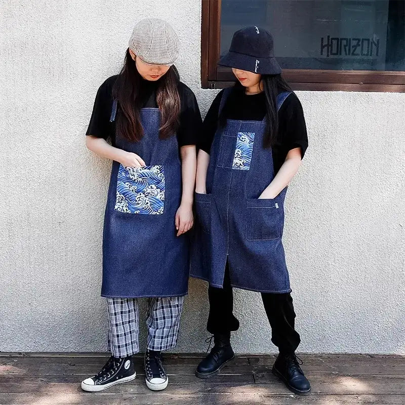 Japanese Cotton Denim Kitchen Apron Wear-resistant Men Women Barista Aprons With Pockets For Barbershop Painting