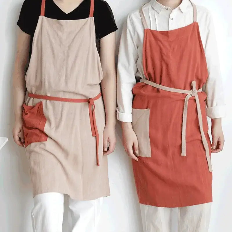 Japanese Cotton Linen Kitchen Apron for Men and Women with Pocket Lightweight Anti-dirty Chef Pinafore Work Clothes for