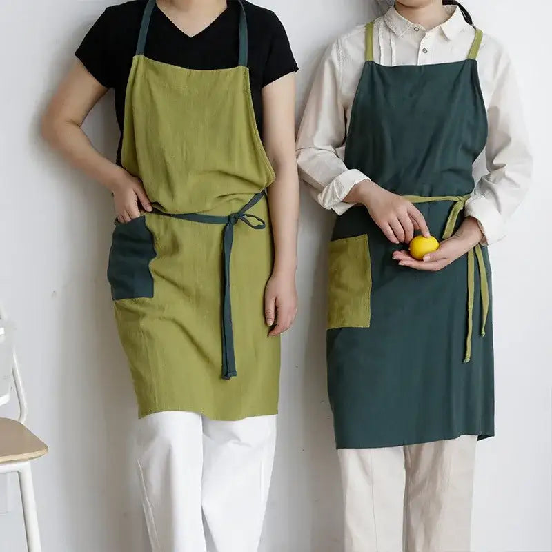 Japanese Cotton Linen Kitchen Apron for Men and Women with Pocket Lightweight Anti-dirty Chef Pinafore Work Clothes for