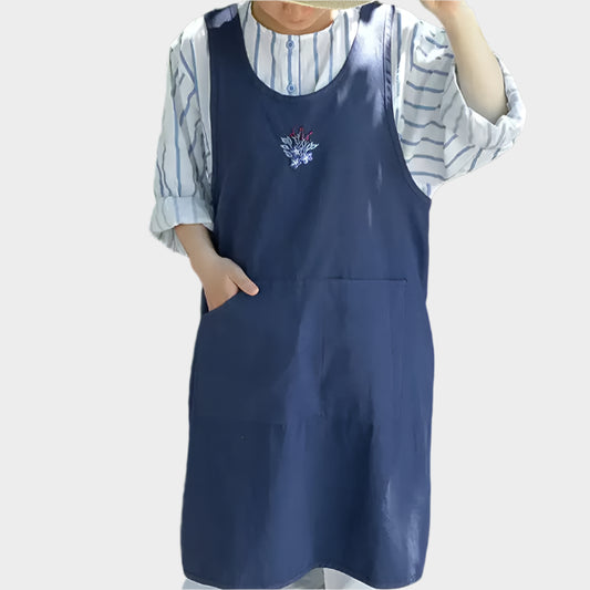 Japanese Korean Embroidered Washed Cotton Kitchen Apron for Women Summer Breathable Cross-Back Baking Cooking Apron