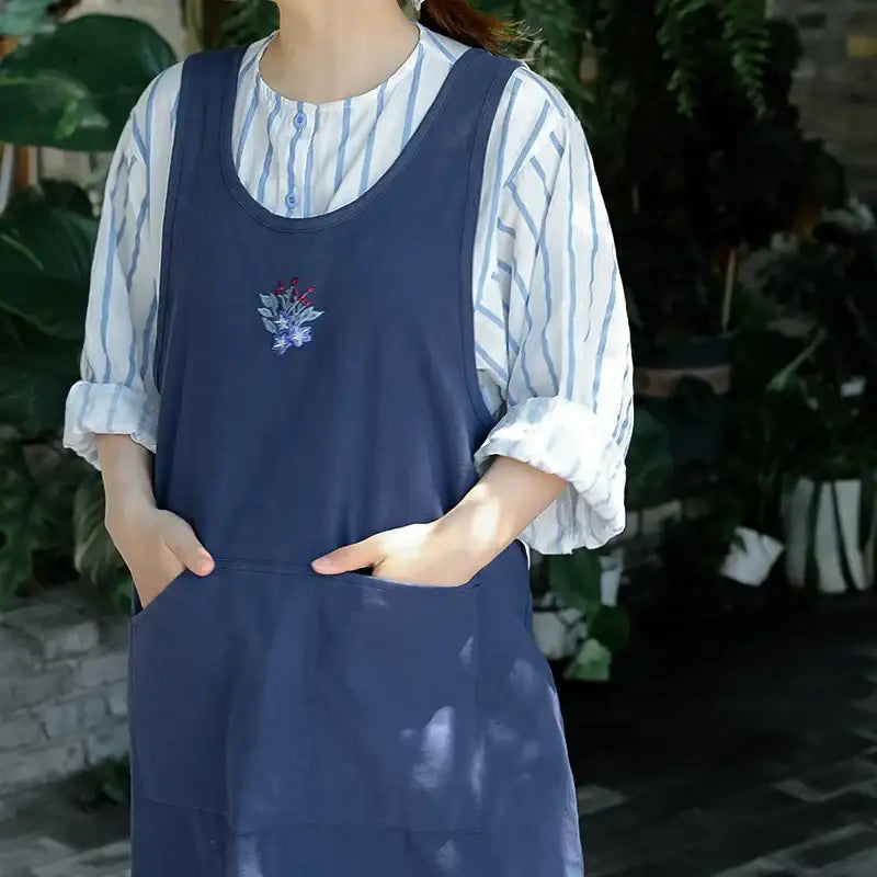 Japanese Korean Embroidered Washed Cotton Kitchen Apron for Women Summer Breathable Cross-Back Baking Cooking Apron