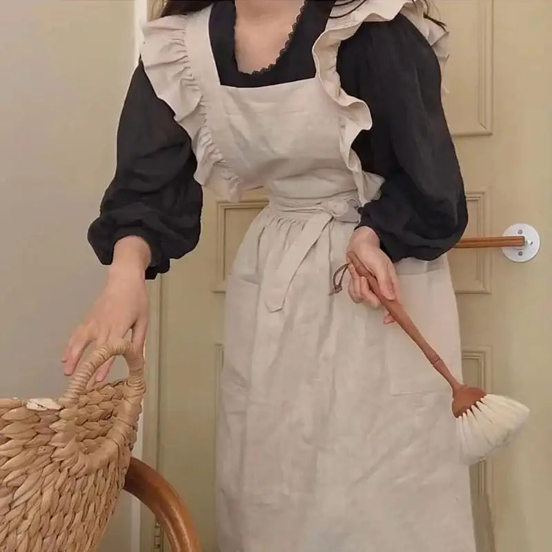 Japanese Korean Flouncing Kitchen Coffee Shop Working Falbala Apron kawaii Home Cotton Linen Pinafore with Lotus Leaf