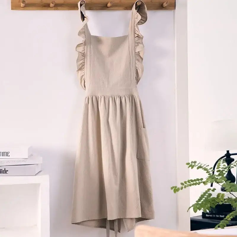 Japanese Korean Flouncing Kitchen Coffee Shop Working Falbala Apron kawaii Home Cotton Linen Pinafore with Lotus Leaf