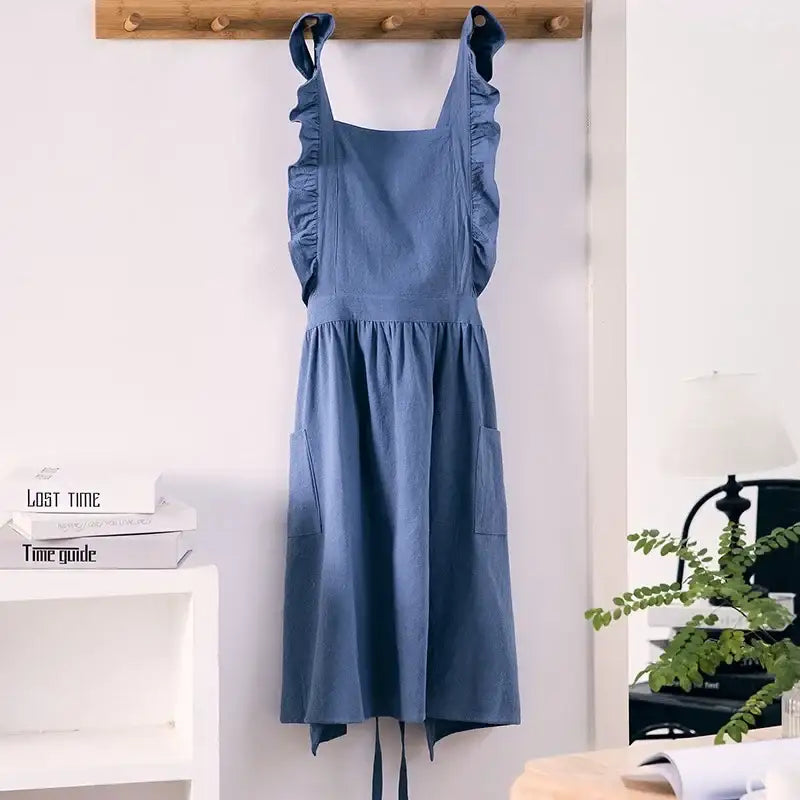 Japanese Korean Flouncing Kitchen Coffee Shop Working Falbala Apron kawaii Home Cotton Linen Pinafore with Lotus Leaf