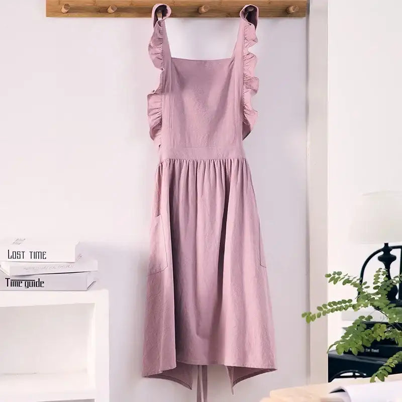 Japanese Korean Flouncing Kitchen Coffee Shop Working Falbala Apron kawaii Home Cotton Linen Pinafore with Lotus Leaf
