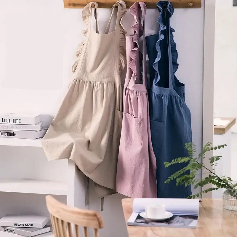 Japanese Korean Flouncing Kitchen Coffee Shop Working Falbala Apron kawaii Home Cotton Linen Pinafore with Lotus Leaf