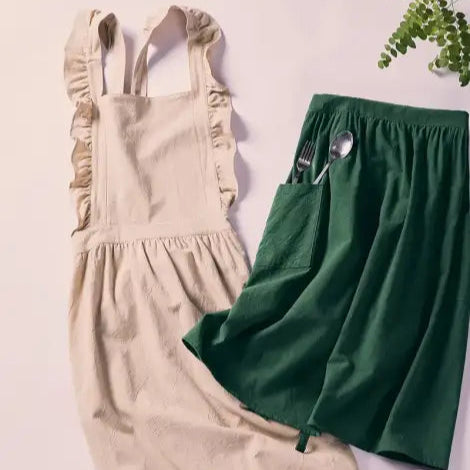 Japanese Korean Flouncing Kitchen Coffee Shop Working Falbala Apron kawaii Home Cotton Linen Pinafore with Lotus Leaf
