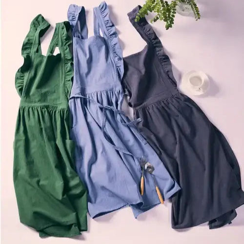 Japanese Korean Flouncing Kitchen Coffee Shop Working Falbala Apron kawaii Home Cotton Linen Pinafore with Lotus Leaf