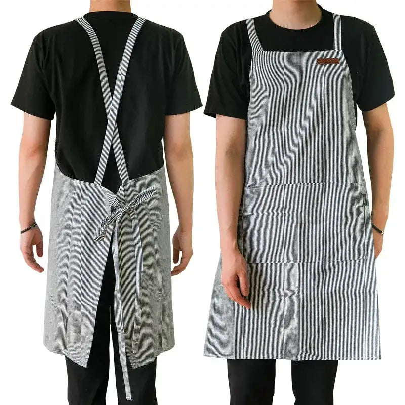 Japanese Stripe Cotton Canvas Kitchen Apron for Men and Women Anti-dirty Cross-back Pinafore with Pockets for Baking