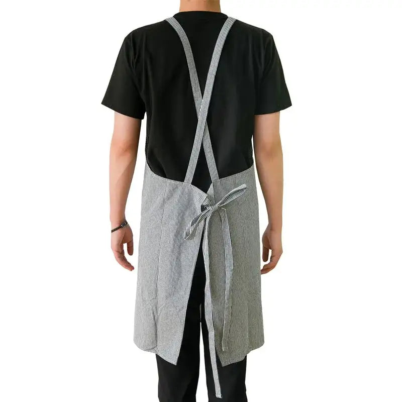 Japanese Stripe Cotton Canvas Kitchen Apron for Men and Women Anti-dirty Cross-back Pinafore with Pockets for Baking