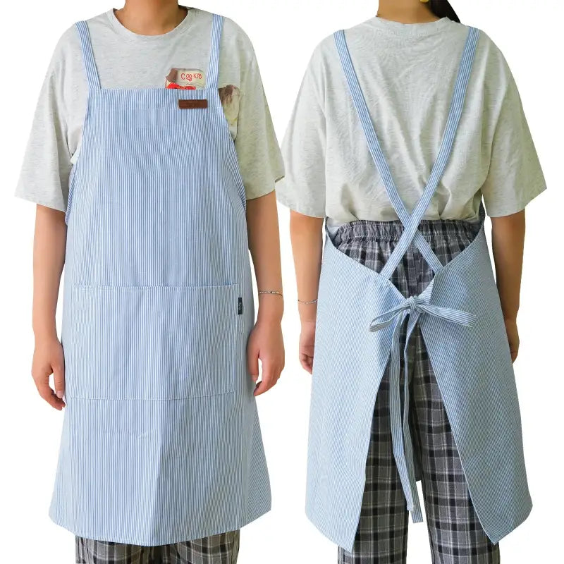 Japanese Stripe Cotton Canvas Kitchen Apron for Men and Women Anti-dirty Cross-back Pinafore with Pockets for Baking