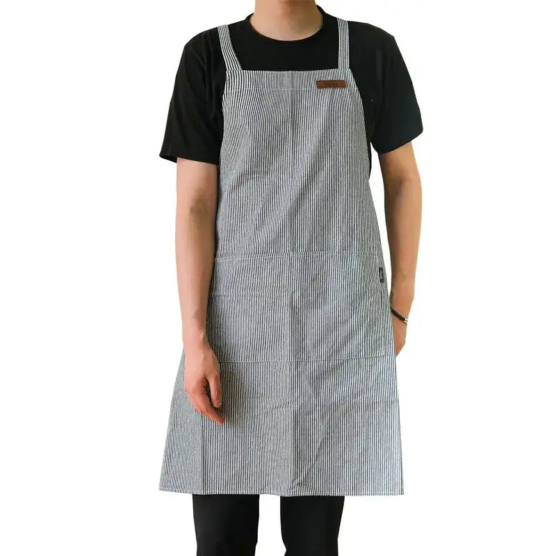 Japanese Stripe Cotton Canvas Kitchen Apron for Men and Women Anti-dirty Cross-back Pinafore with Pockets for Baking