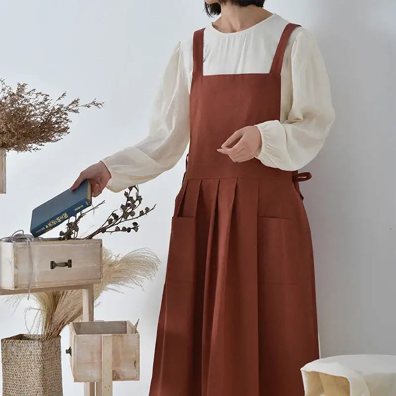 Korean Simple Side Lace-up Apron Pocket Sweet Cotton Linen Cross Back Apron Japanese Coffee Shop Baking Restaurant