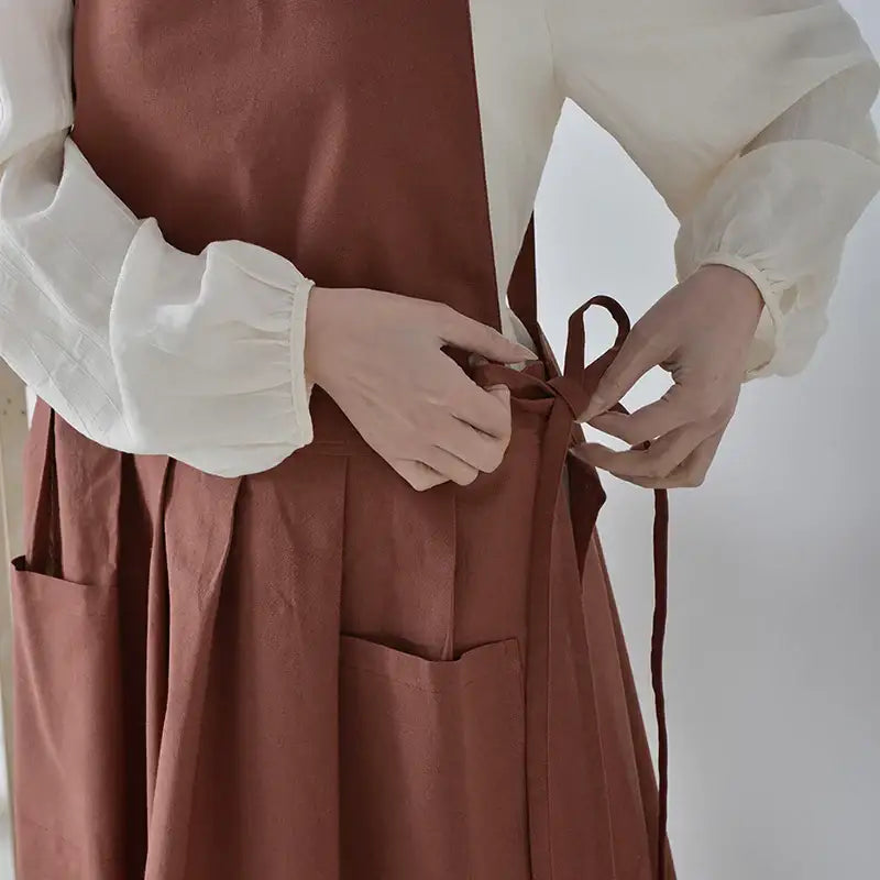 Korean Simple Side Lace-up Apron Pocket Sweet Cotton Linen Cross Back Apron Japanese Coffee Shop Baking Restaurant