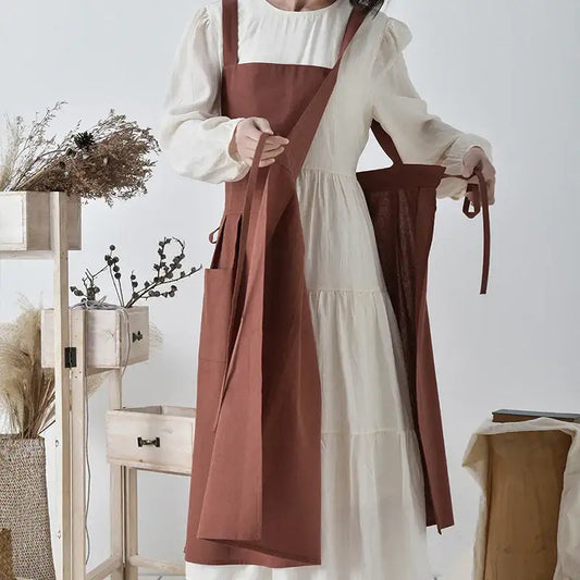 Korean Simple Side Lace-up Apron Pocket Sweet Cotton Linen Cross Back Apron Japanese Coffee Shop Baking Restaurant