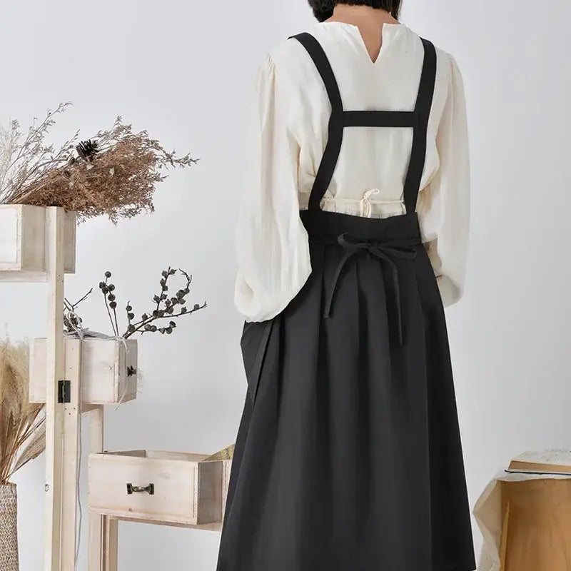 Korean Simple Side Lace-up Apron Pocket Sweet Cotton Linen Cross Back Apron Japanese Coffee Shop Baking Restaurant