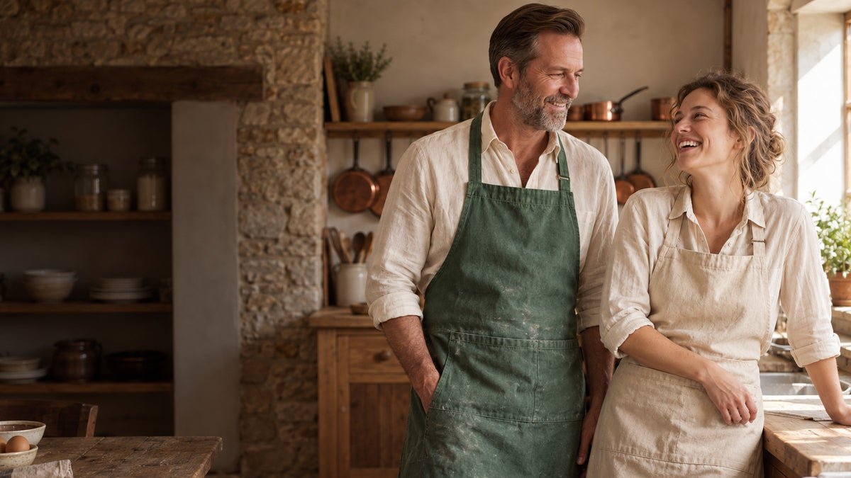 Couple souriant en tabliers en toile vert et sable dans une cuisine de ferme