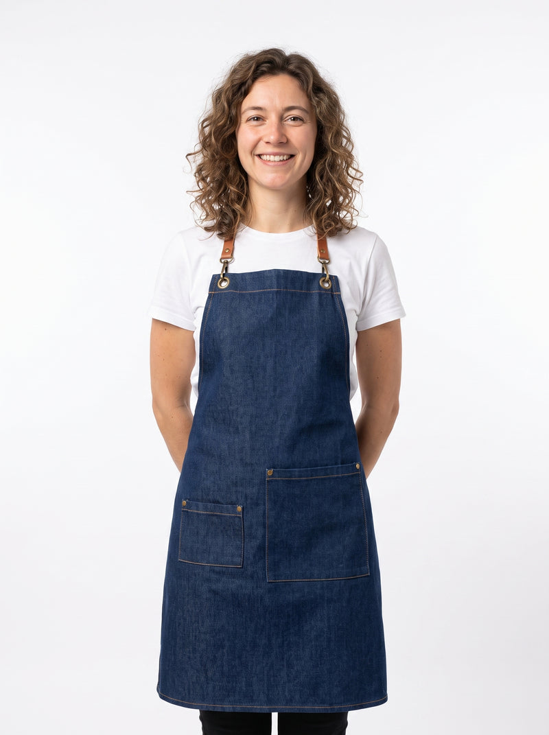 Tablier en Jean Femme, packshot studio porté par un modèle