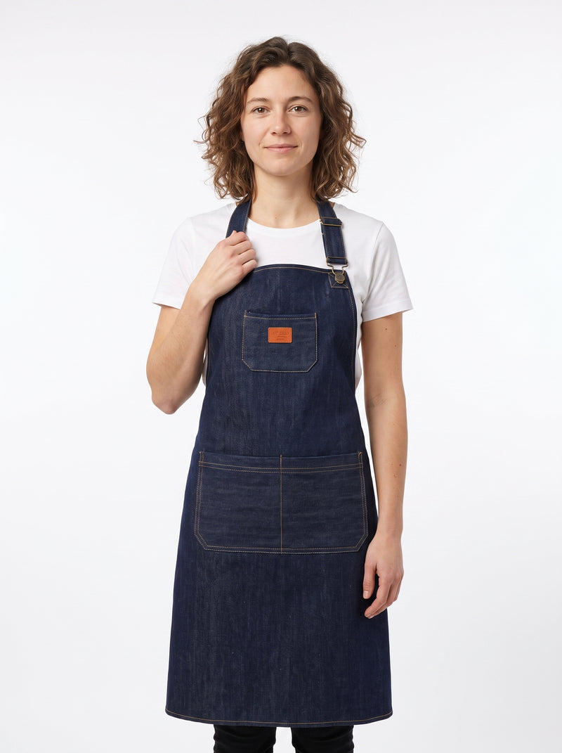 Tablier de Cuisine Denim Femme, packshot studio porté par un modèle