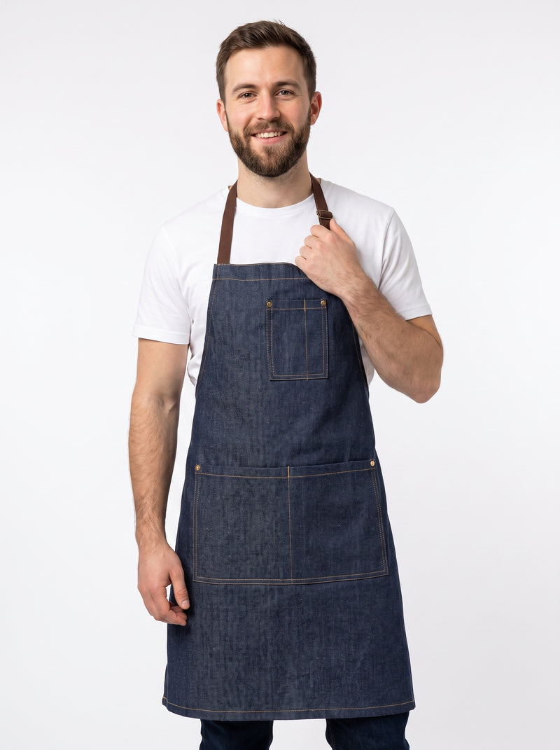 Tablier Cuisine en Jean, packshot studio porté par un modèle