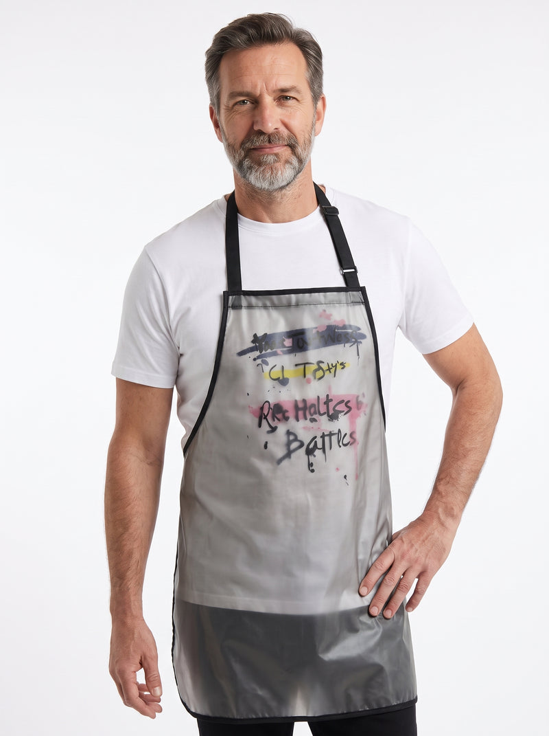 Tablier Transparent, packshot studio porté par un modèle