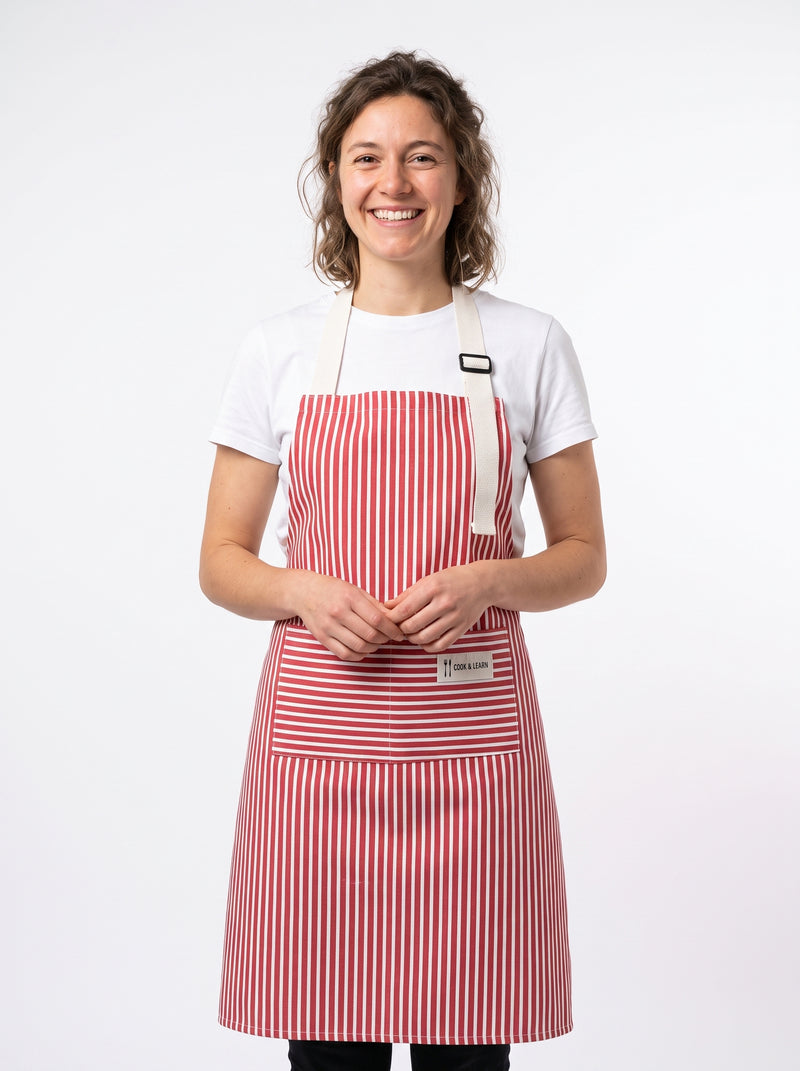Tablier à Rayures, packshot studio porté par un modèle