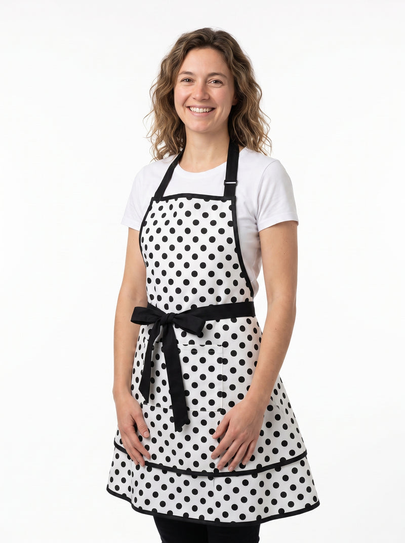 Tablier à Pois, packshot studio porté par un modèle
