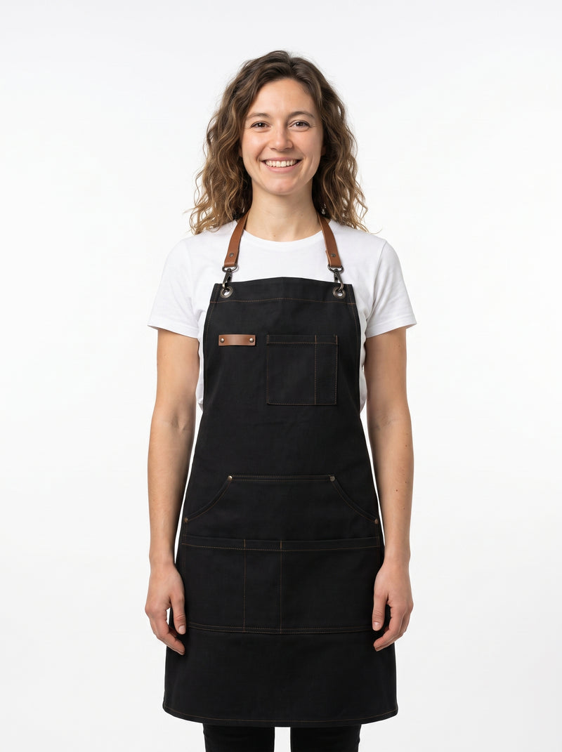 Tablier de Cuisine Design, packshot studio porté par un modèle