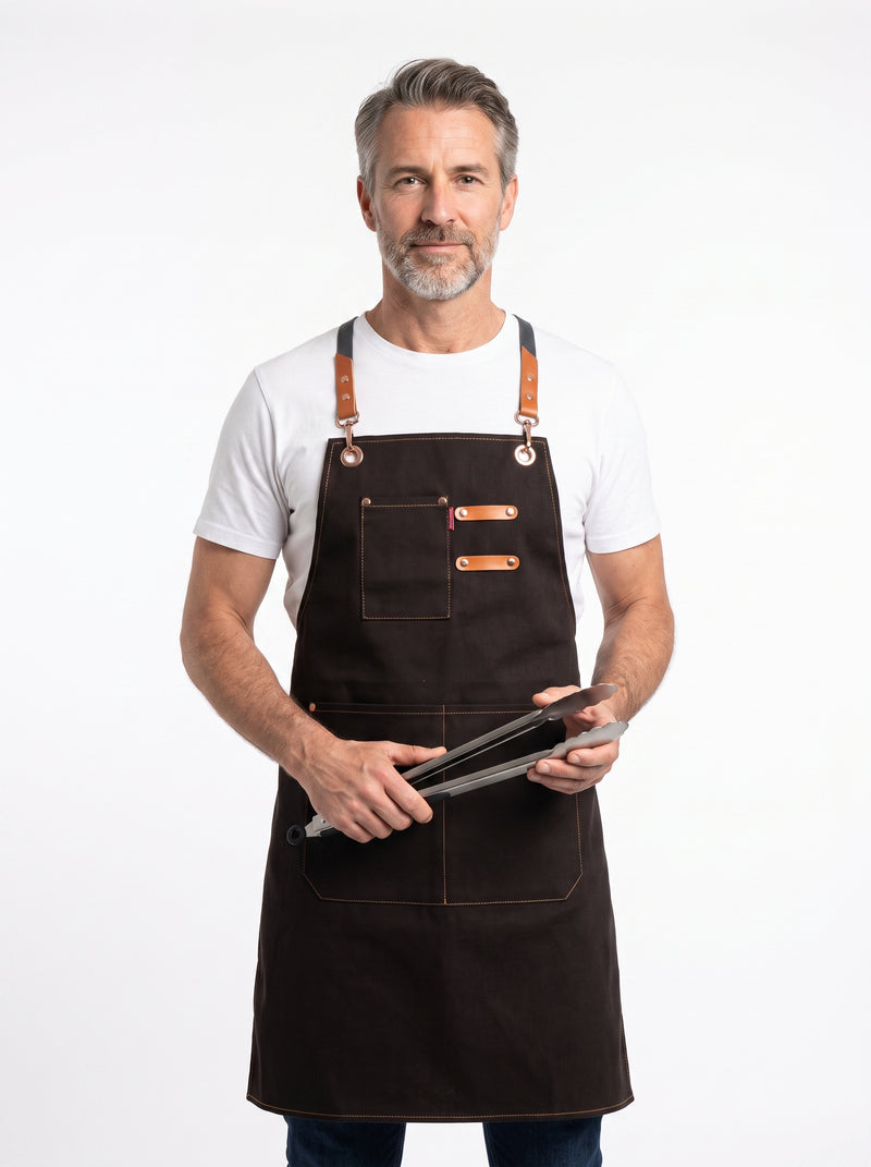 Tablier BBQ, packshot studio porté par un modèle