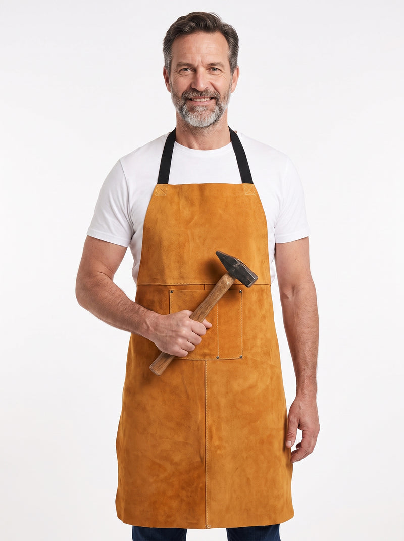 Tablier Cuir Forgeron, packshot studio porté par un modèle