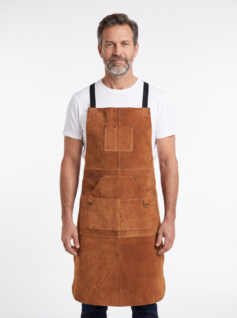 Tablier Cuir Bricolage, packshot studio porté par un modèle