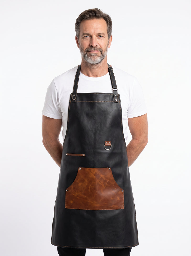 Tablier Cuir Artisan, packshot studio porté par un modèle