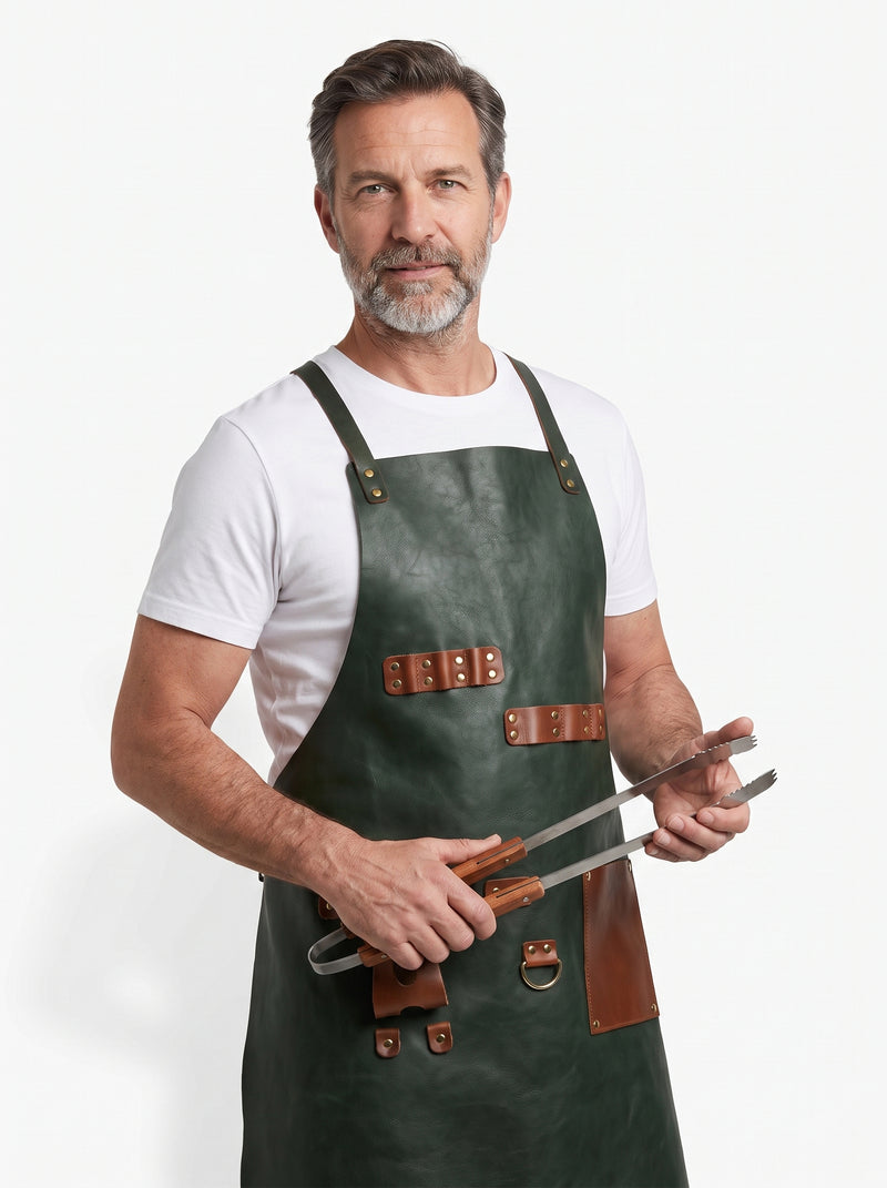 Tablier Cuir Barbecue, packshot studio porté par un modèle