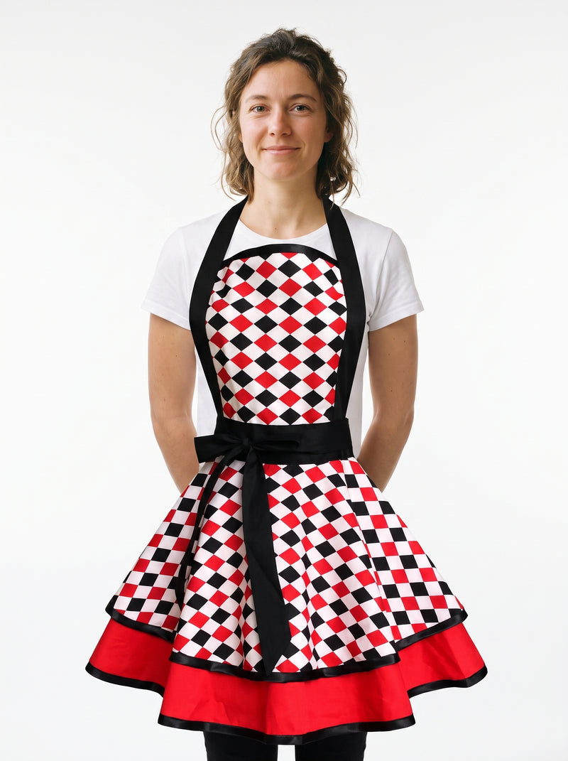 Tablier Vintage à Carreaux, packshot studio porté par un modèle