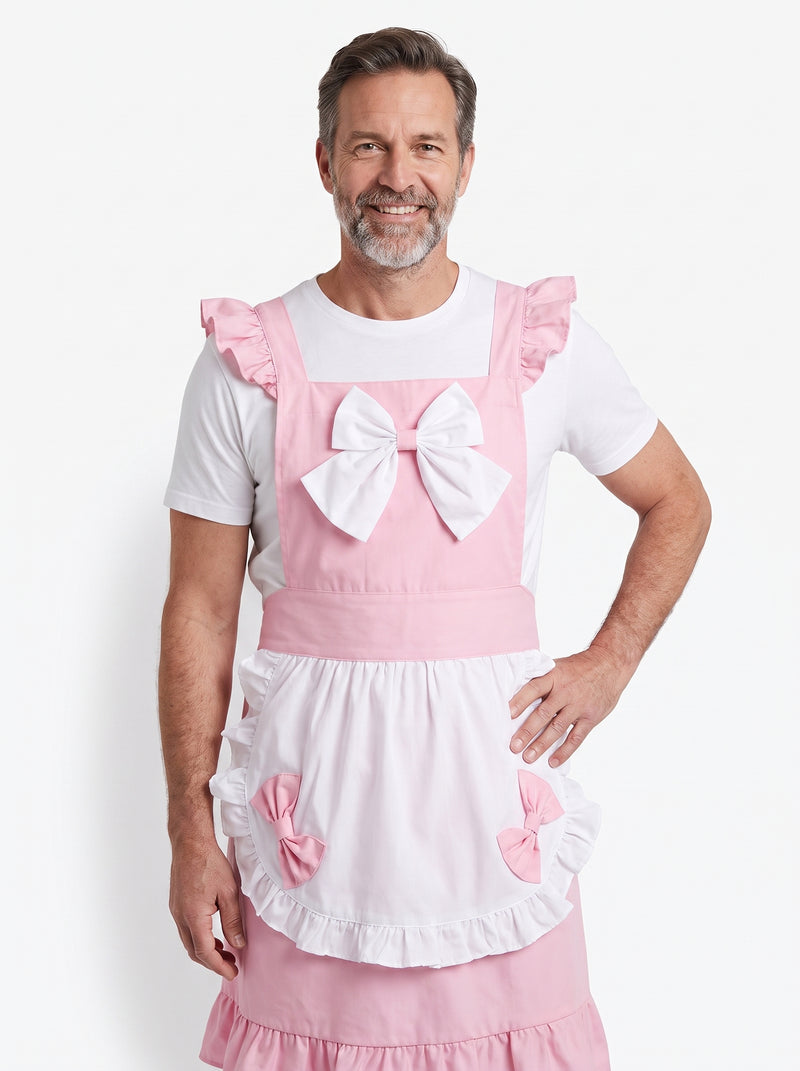 Tablier Vintage Rose, packshot studio porté par un modèle