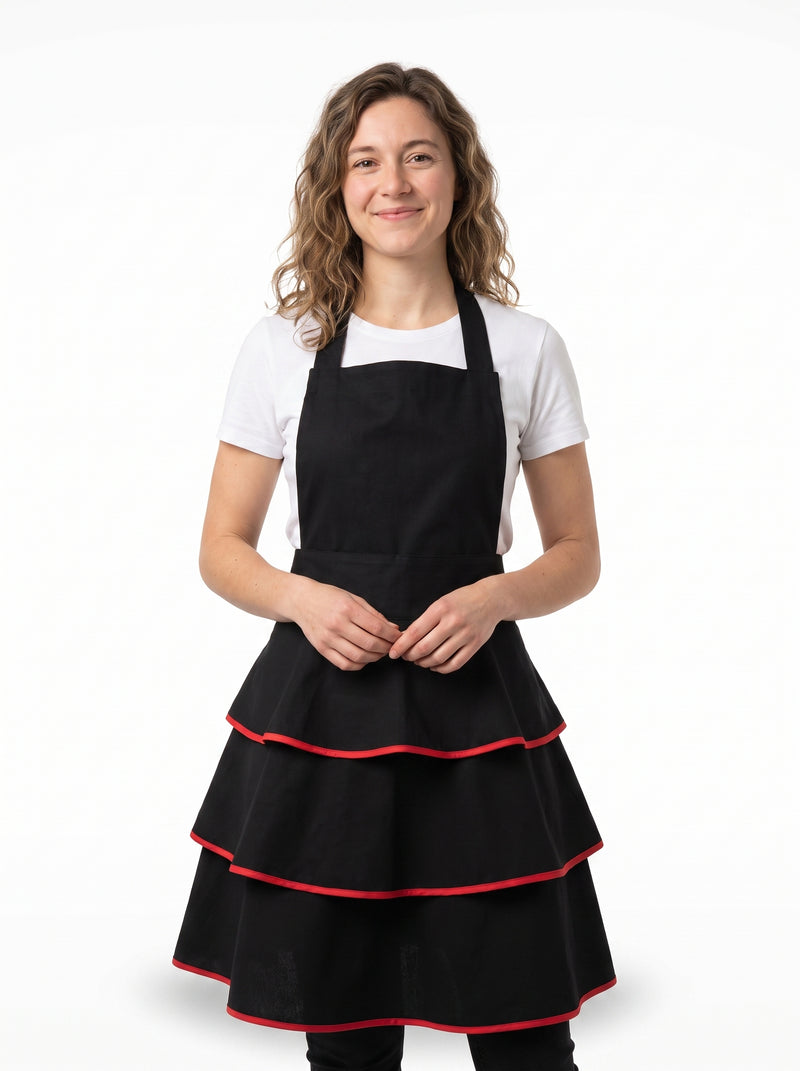 Tablier Retro Femme, packshot studio porté par un modèle