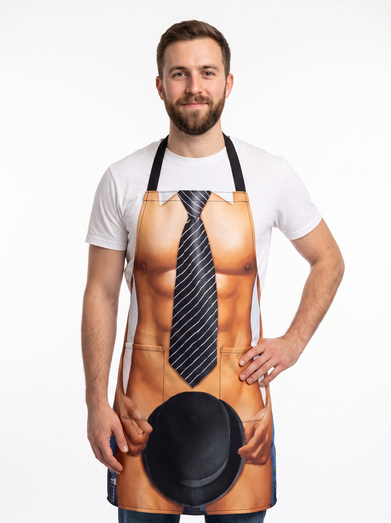 Tablier Homme Sexy, packshot studio porté par un modèle